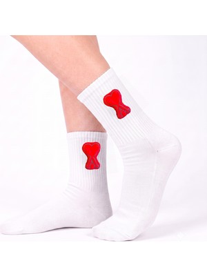 Neşeli Çoraplar Beyaz Kalp Aksesuarlı Unisex Çorap