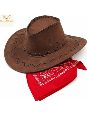 Renas Store Çocuk Kovboy Şapka Kahverengi &amp; Kırmızı Bandana Seti