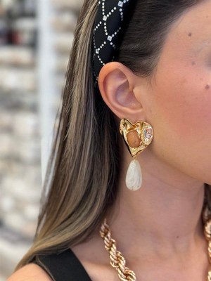Beta Moda Hub Taşlı Küpe - Kahverengi