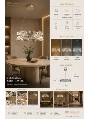 60 cm Tek Halka LED Sarkıt Avize | 60W | 3 Renk Aydınlatma