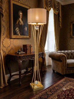 Venüs Nova Mecbuda Gold Metal Lambader | Vizon Gold Şerit Kumaş Başlık | Salon Lambası Ayaklı Aydınlatma