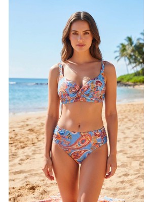 Ayyıldız 4627 Mavi Şal Desenli Balenli Toparlayıcı Bikini Takımı