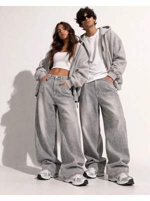 St.Poll Gri Yıkamalı Unisex Baggy Jeans Pantolon