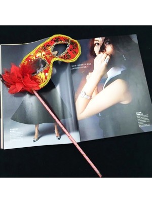 Renas Store Lüks Taşlı Saplı Maskeli Balo Maskesi Kırmızı Renk 35 cm