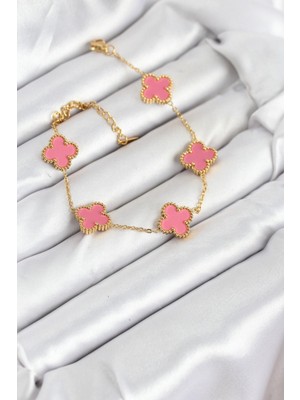 TeknoKapsül 316L Çelik Gold Zincir Pembe Yonca Renk Bileklik