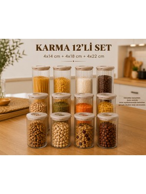 Denaro Home 12’li Borosilikat Cam Kavanoz Seti Çizgili Şeffaf Saklama Kabı 4X14 4X18 4X22 cm