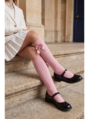 Bony Socks Kız Çocuk Kurdele Fiyonklu Fitilli Dizaltı Çorap Pembe