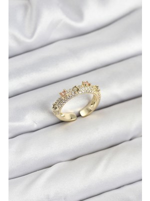 TeknoKapsül Pirinç Gold Renk Zirkon Taşlı Vintage Kadın Yüzük
