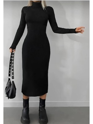 Exit Collection Balıkçı Yaka Vücudu Saran Kadın Triko Uzun Elbise 125 cm