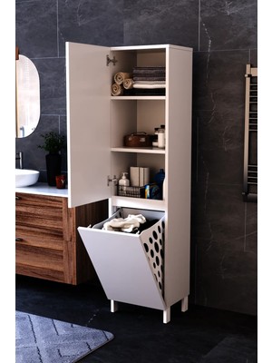 Dekorfim DF03110 Çamaşır Sepetli Çok Amaçlı Banyo Dolabı Kapaklı Raflı Kirli Çamaşır Düzenleme Dolabı