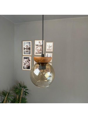 Bamyum Oria Bal Rengi Cam Tekli Avize Ahşap Tabak Başlık Retro Sarkıt Lamba Salon Aydınlatma