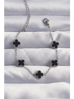 Youday Accessories 316L Çelik Baby Boy Gümüş Renk Siyah Mineli Yonca Bileklik