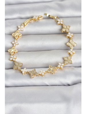 Youday Accessories Pirinç Zirkon Taşlı ve Mineli Yonca Model Gold Renk Kadın Bileklik