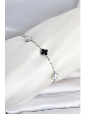 Renas Store 316L Çelik Gümüş Renk Siyah Beyaz Baby Yonca Model Kadın Bileklik TJ-BB8556