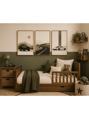 Zera Wall Mdf Tablo 3’lü Arazi Aracı, Virajlı Yol ve Spor Otomobil Temalı Set – Bebek ve Çocuk Odası Duvar Dekorasyonu