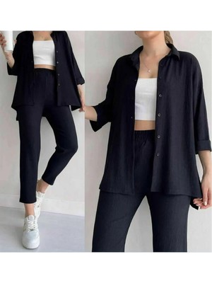Exit Collection Kadın Bürümcük Önü Düğmeli Cep Detaylı Capri Ikili Kimono Takım