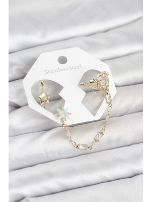 Renas Store Yıldız Model Pirinç Gold Renk Zincir Bağlantılı Ear Cuff Küpe Seti - TJ-BKP11545