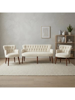 Azra Mobilya Roma 3+1+1 Babyface Kumaş Çay Seti Ev & Ofis Koltuk Takımı - Ahşap Ceviz Ayak - Krem