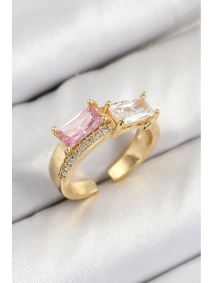 TeknoKapsül Pirinç Zirkon Taşlı Dikdörtgen Model Gold Renk Kadın Yüzük