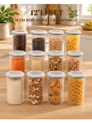 Denaro Home 12’li 18 cm Borosilikat Cam Kavanoz Seti Silikon Kapaklı Çizgili Şeffaf Saklama Kabı