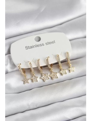 Renas Store 316L Çelik Gold Renk 6'lı Set Yıldız Model Kadın Küpe - TJ-BKP11751