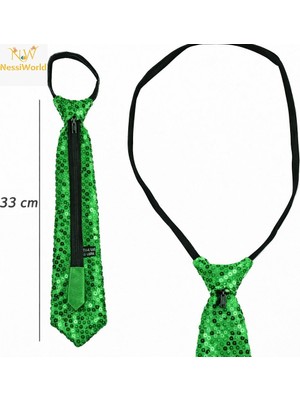 Renas Store Yeşil Renk Pul Payetli Işıltılı Parti Kravatı 33 cm