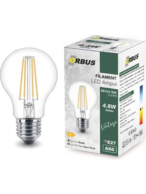 Orbus B60 4.8W Filament Bulb E27 600LM Ampul - Beyaz Işık Clear