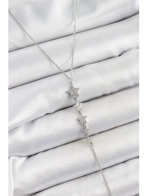 Renas Store Pirinç Zirkon Taşlı Sıralı Yıldız Figürlü Y Model Gümüş Renk Kadın Kolye - TJ-BKO10313