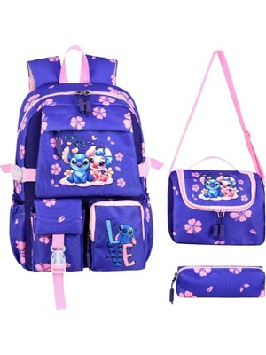 zufigo Kore Kawai Mor Stitch Stiç Temalı Kız Çocuk Ilkokul Çantası Termal Beslenme Çantası ve Kalemlik Set
