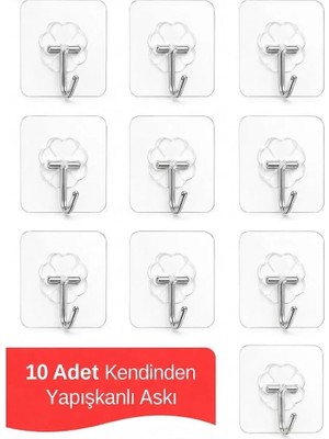 Lataris 10 Adet Kendinden Yapışkanlı Şeffaf Askı Banyo Mutfak Dolap Askısı 6x6 cm