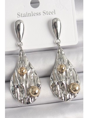 Renas Store Pirinç Gümüş Renk Sallantı Damla Model Gold Topçuk Detay Kadın Küpe - TJ-BKP10088