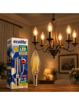 Bg Store Filament LED Mum Ampul E14 Duy 6W 810 Lümen Dim Edilebilir 2700K Sarı Işık Şeffaf Dekoratif Vintage Ampul 60W Eşdeğer C35 Candle Series (3)