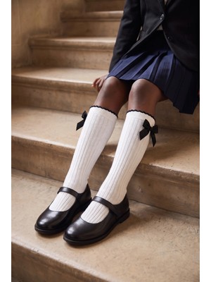 Bony Socks Kız Çocuk Saten Fiyonk Aksesuarlı Beyaz Dizaltı Çorap