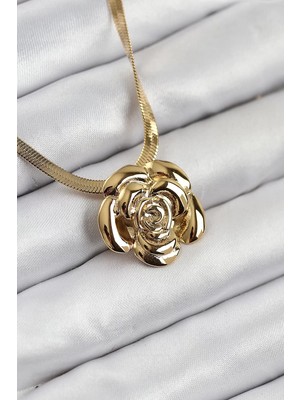 Renas Store 316L Çelik Gül Figürlü Italyan Zincir Model Gold Renk Kadın Kolye - TJ-BKO10513