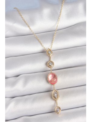 Renas Store Pirinç Zincir Pembe Gold Renk Zirkon Taşlı Y Kolye - TJ-BKO10231