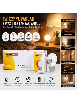 Renas Store 10 Adet 1W E27 Beyaz Yuvarlak Gece Lambası LED Ampul