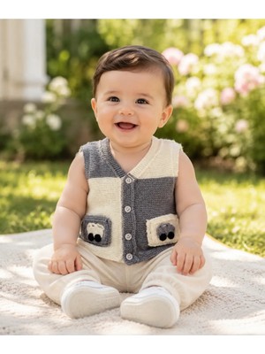 Güzel Kaman Bebek Yeleği 6 Aylık - 3 Yaş Arası Ğiyilen Iki Ceplı Araba Resimli Gri-Krem Şık Kullanılışlı