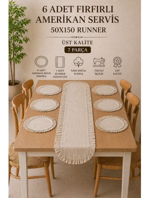 Kai Home Fırfır Detaylı Keten Runner & Supla Seti – 7 Parça Çeyiz Koleksiyonu