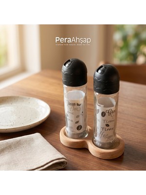 Pera Wooden Pera Twin Set – Kayın Altlıklı 2'li Cam Mavi-Siyak Kapaklı Tuzluk & Biberlik Takımı