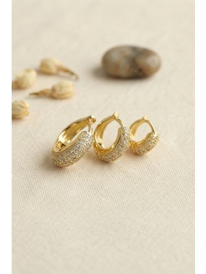 Belirtilmemiş Gold Renk 3 Lü Zirkon Taşlı Halka Küpe Set