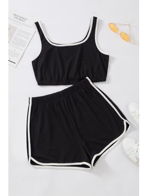 Marsilyan Kadın Siyah Askılı Crop Top ve Şortlu Gecelik Takım H110560 - MCT8712-5021