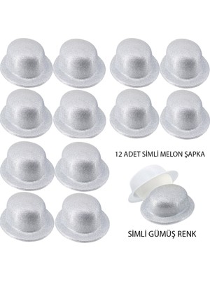Renas Store Gümüş Renk Simli Melon Yuvarlak Parti Şapkası 12 Adet