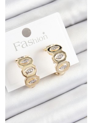 Renas Store Pirinç Zirkon Taşlı Damla Figürlü Halka Model Gold Renk Kadın Küpe