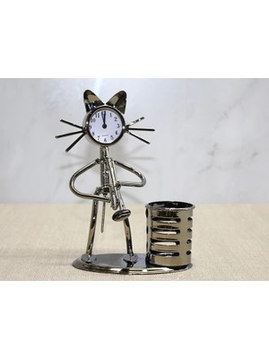 Renas Store Metal Saksafon Çalan Kedi Müzisyen Saat ve Kalemlik ALK4346