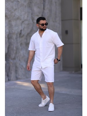 Myrab Denim Beyaz Renk Gömlek Şort Erkek Keten Takım Oversize Kalıp