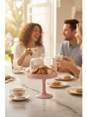 Kap Kaç Soft Pembe Akrilik Ayaklı Kurabiyelik & Kapaklı Sunum Standı - 2 Parça