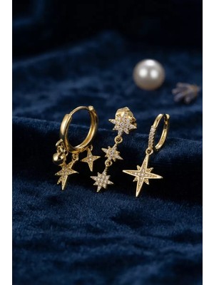Renas Store Kutup Yıldızı Model Gold Renk 3 Lü Küpe Set TJ-BKP11974
