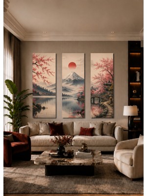 Zera Wall Mdf Tablo 3’lü Japon Manzarası, Fuji Dağı, Kiraz Çiçekleri ve Göl Seti – Salon ve Ofis Duvar Dekorasyonu