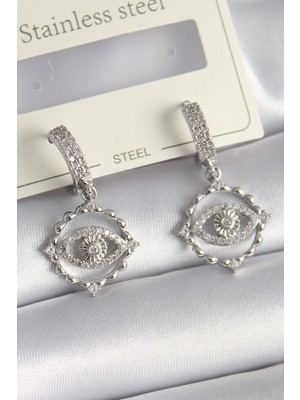 Renas Store Pirinç Gümüş Renk Zirkon Taşlı Göz Model Kadın Küpe