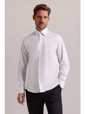 Erkek Beyaz Uzun Kol Slim Fit Saten Gömlek